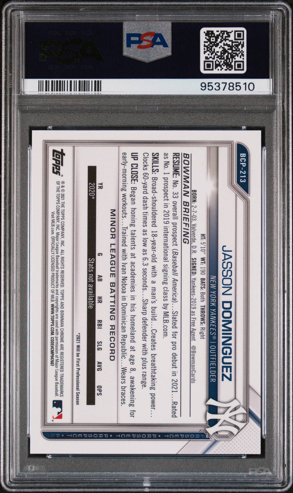 2021 Bowman Chrome Prospects #BCP213 Jasson Dominguez Prospects-Blue Ref. PSA 10
