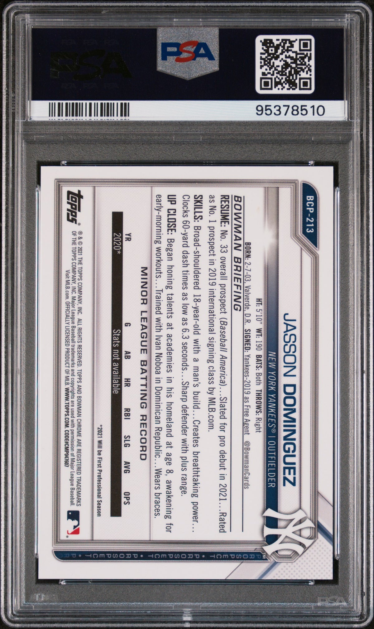 2021 Bowman Chrome Prospects #BCP213 Jasson Dominguez Prospects-Blue Ref. PSA 10