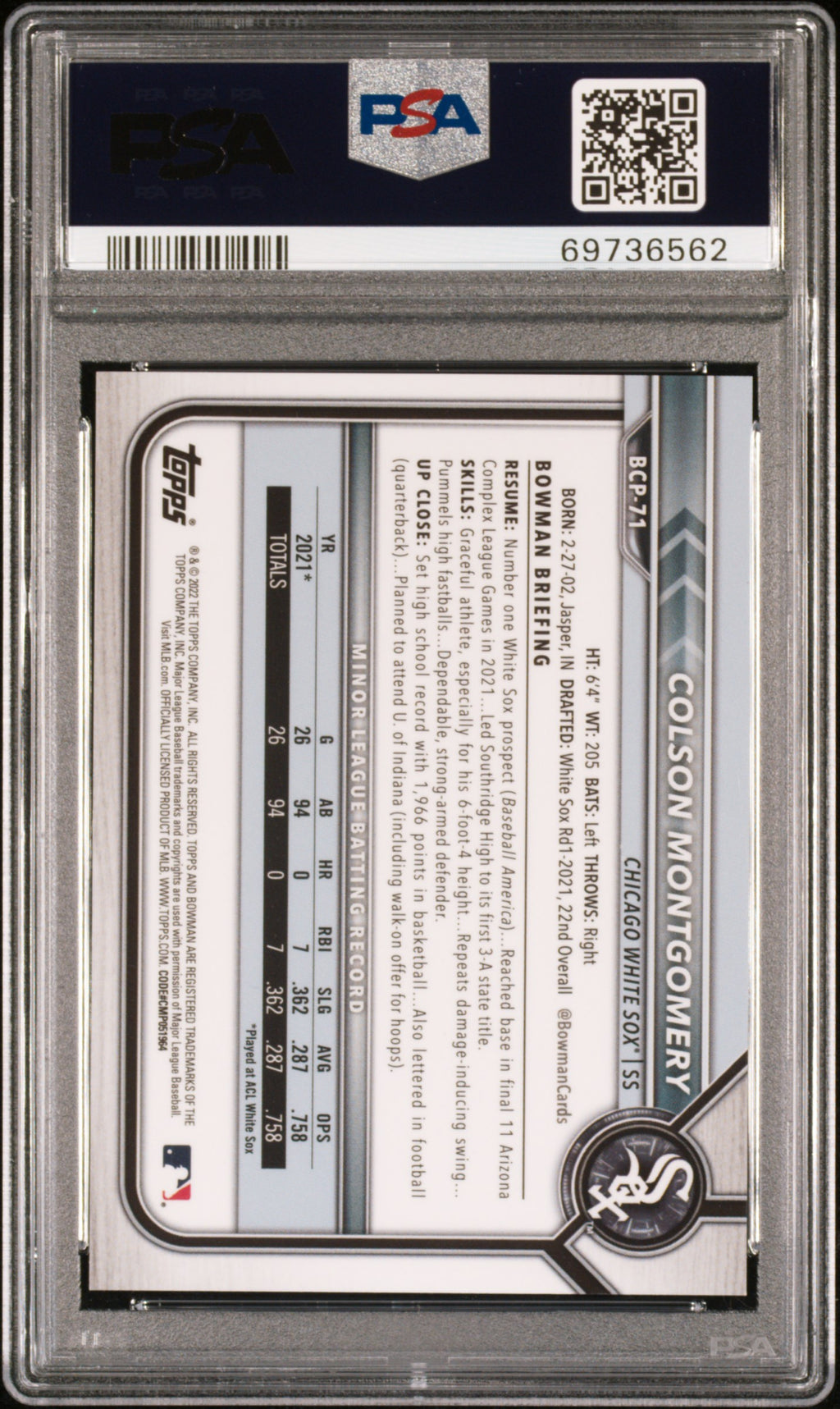 2022 Bowman Sapphire Edition Chrome Prospects #BCP71 Colson Montgomery PSA 9 /50