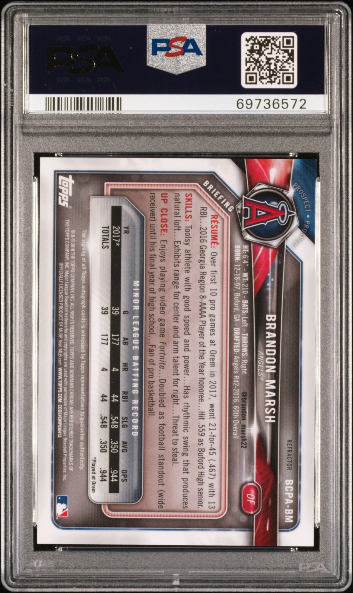 2018 Bowman Chrome Prospects Autographs #BCPABM Brandon Marsh PSA 10 /499
