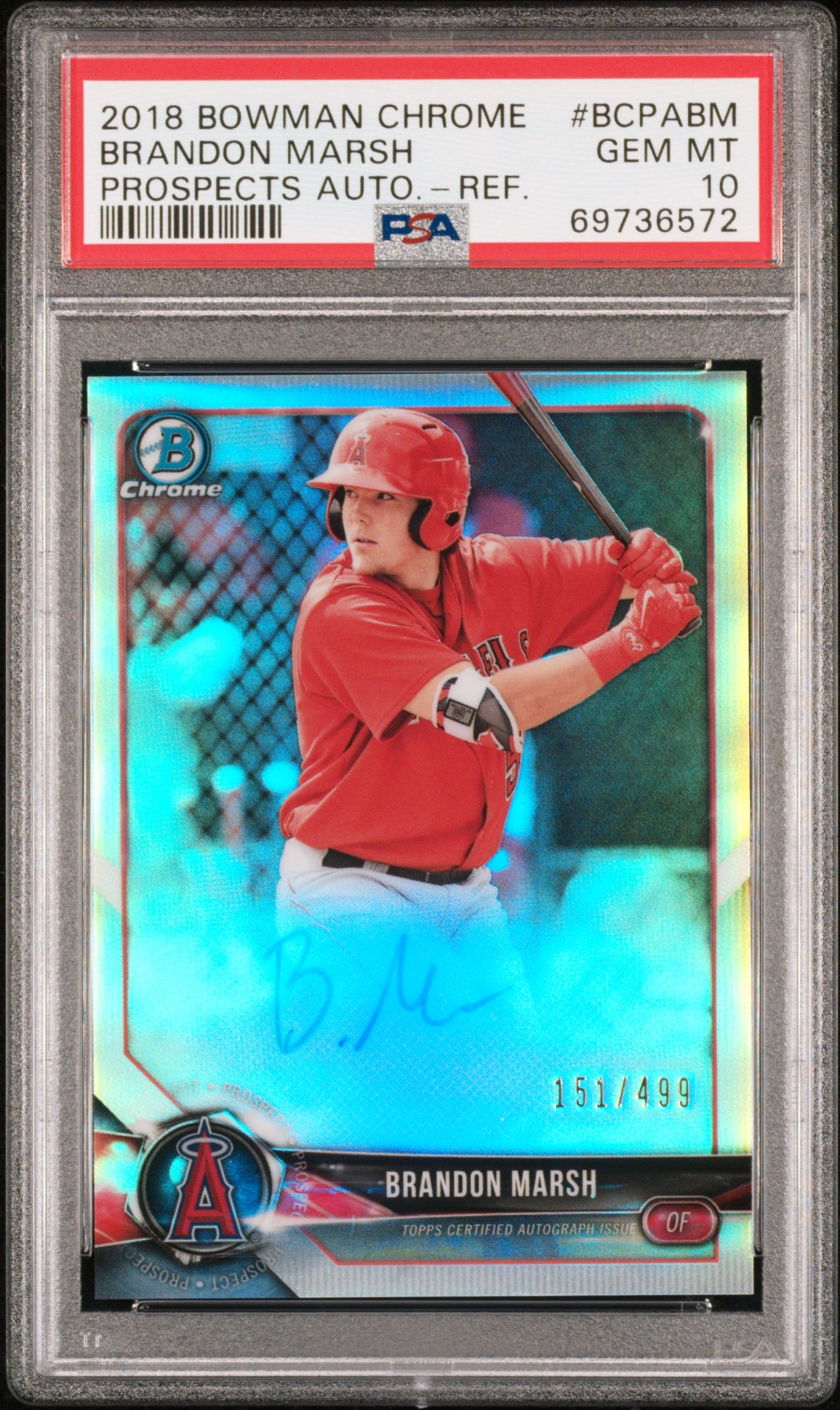 2018 Bowman Chrome Prospects Autographs #BCPABM Brandon Marsh PSA 10 /499