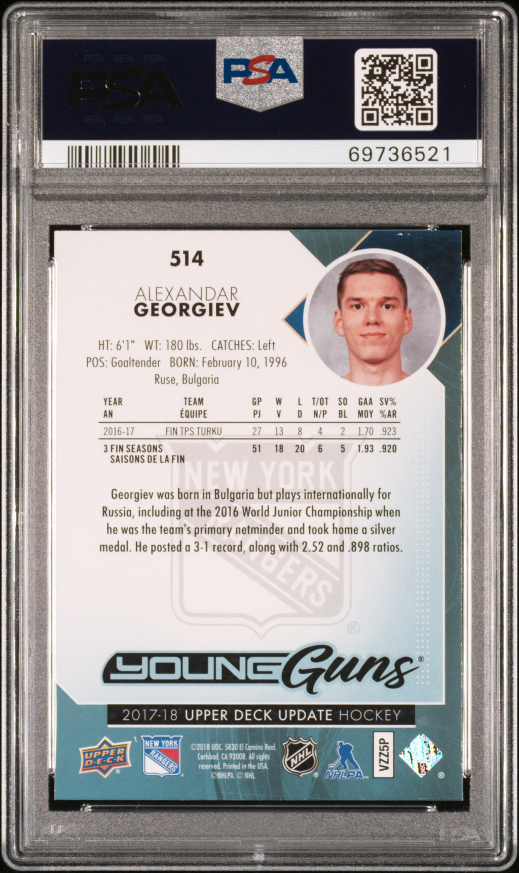 2017 Sp Authentic Upper Deck Update #514 Alexandar Georgiev young guns PSA 9