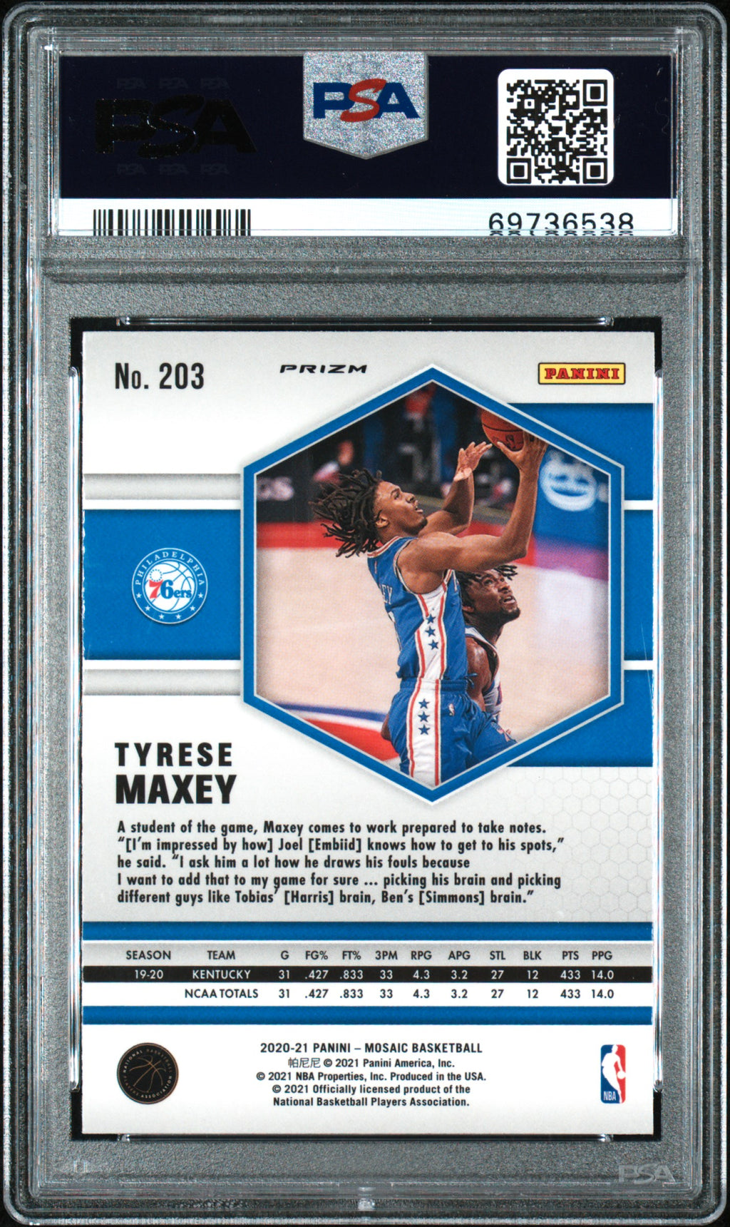 2020 Panini Mosaic #203 Tyrese Maxey Red Wave PSA 8