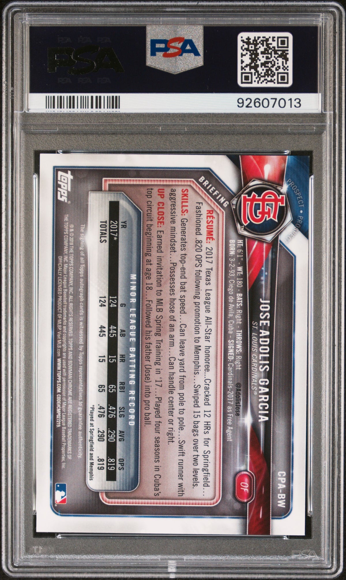 2018 Bowman Prospect Autographs Chrome #BW Adolis Garcia PSA 9