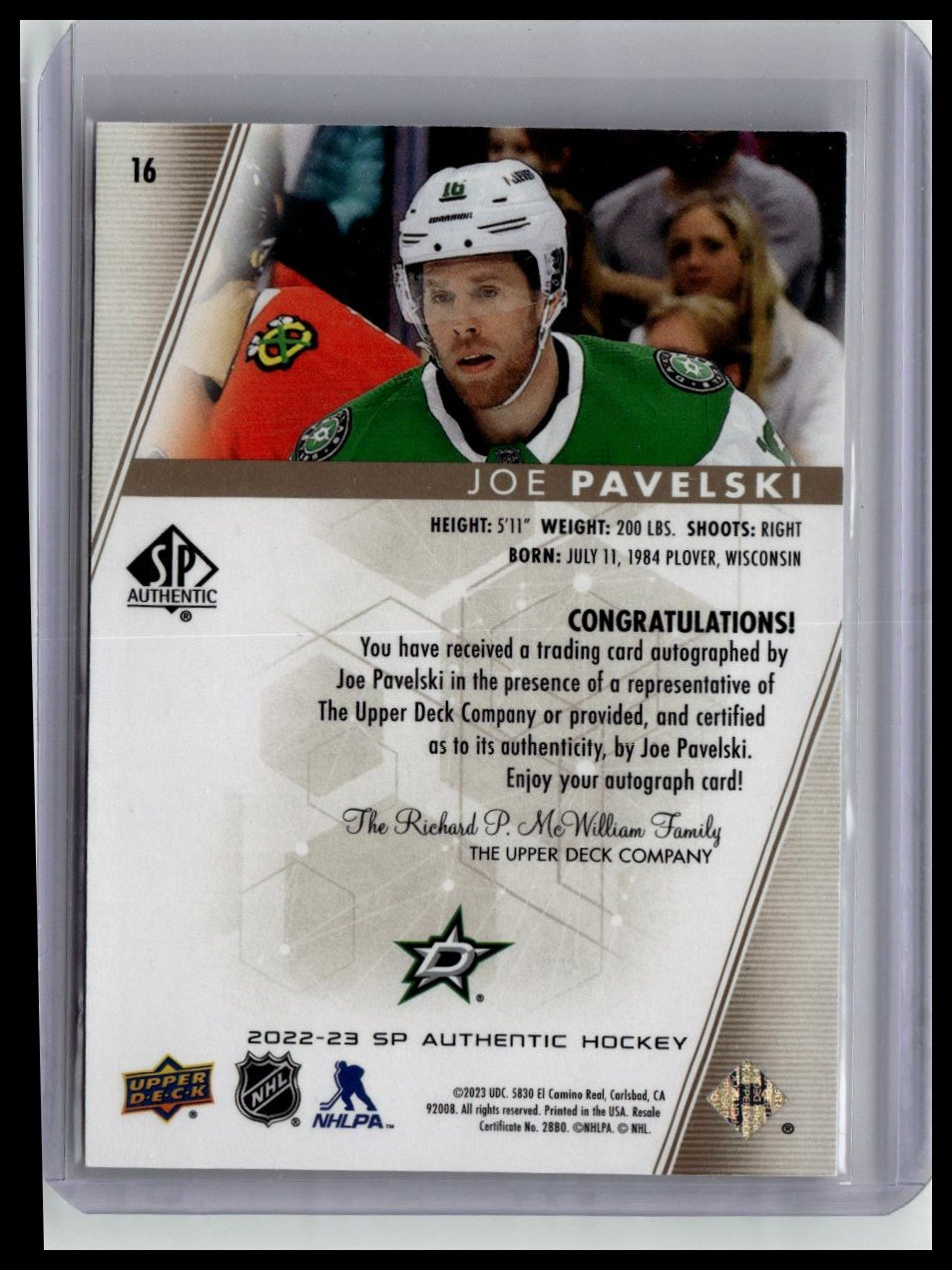 2022-23 SP Authentic #16 Joe Pavelski Limited Auto