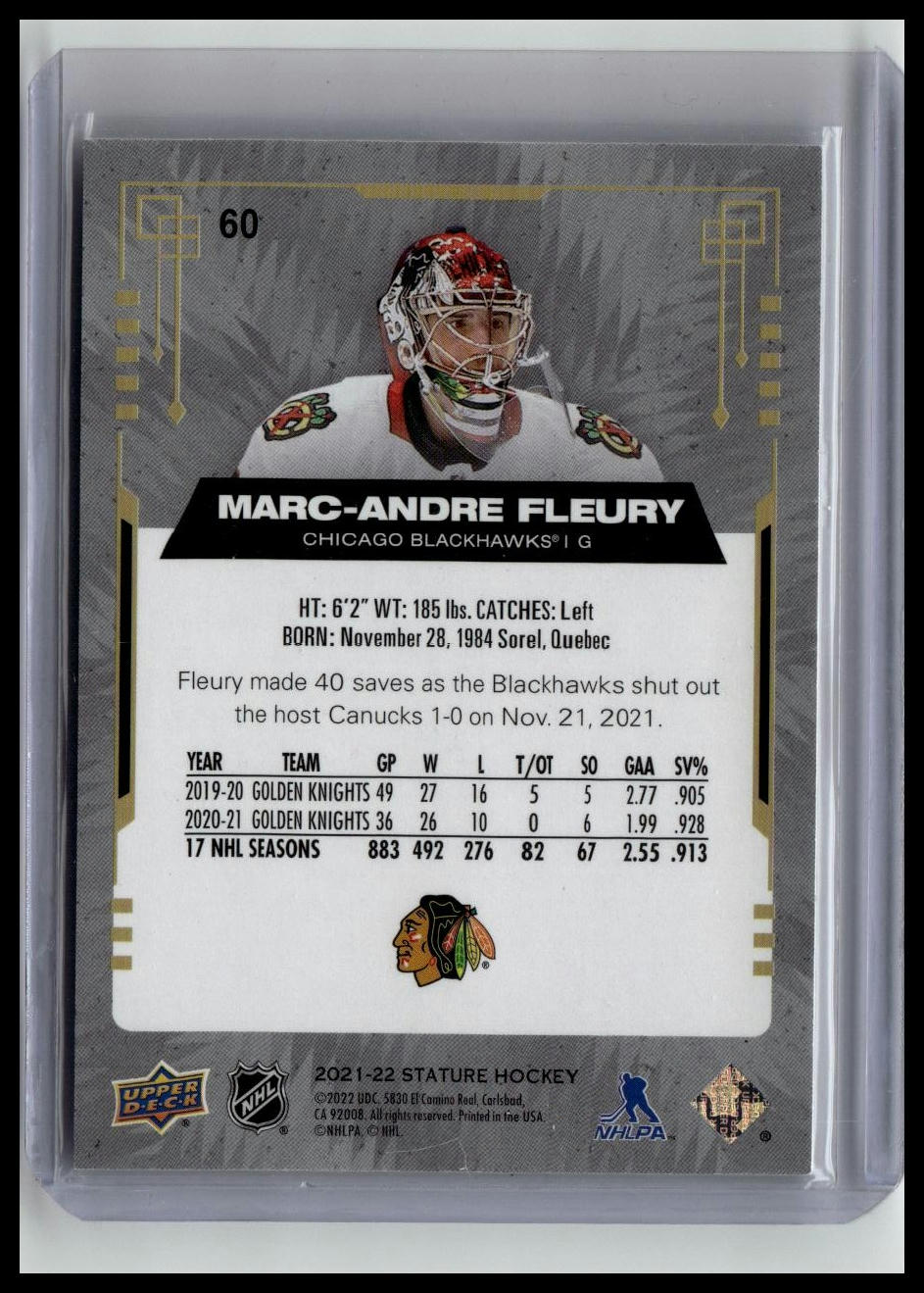 2021-22 Upper Deck Stature #60 Marc-Andre Fleury Photo Variant Green #/66