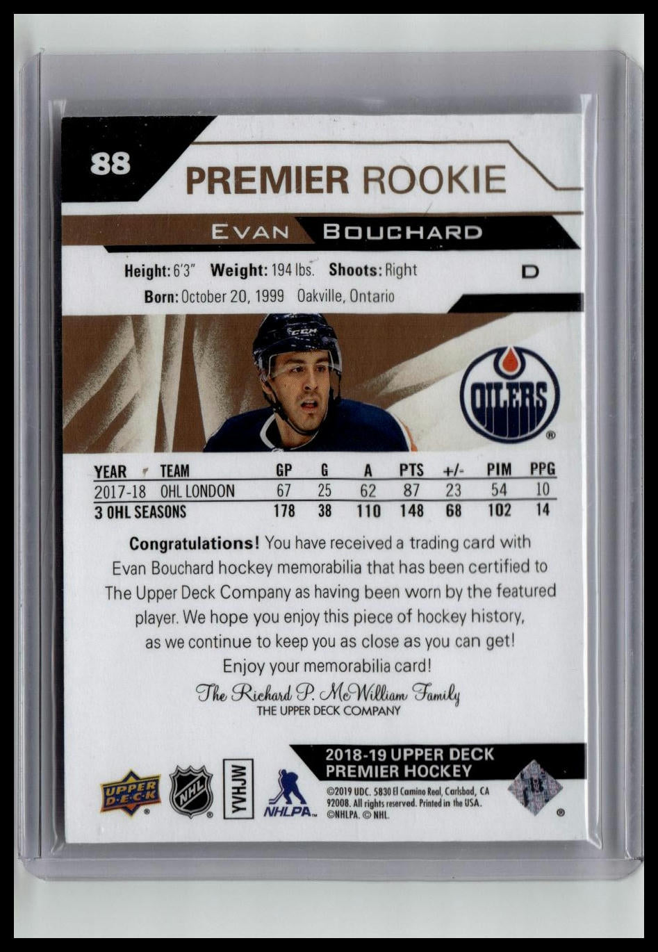 2018-19 Upper Deck Premier #88 Evan Bouchard Jerseys
