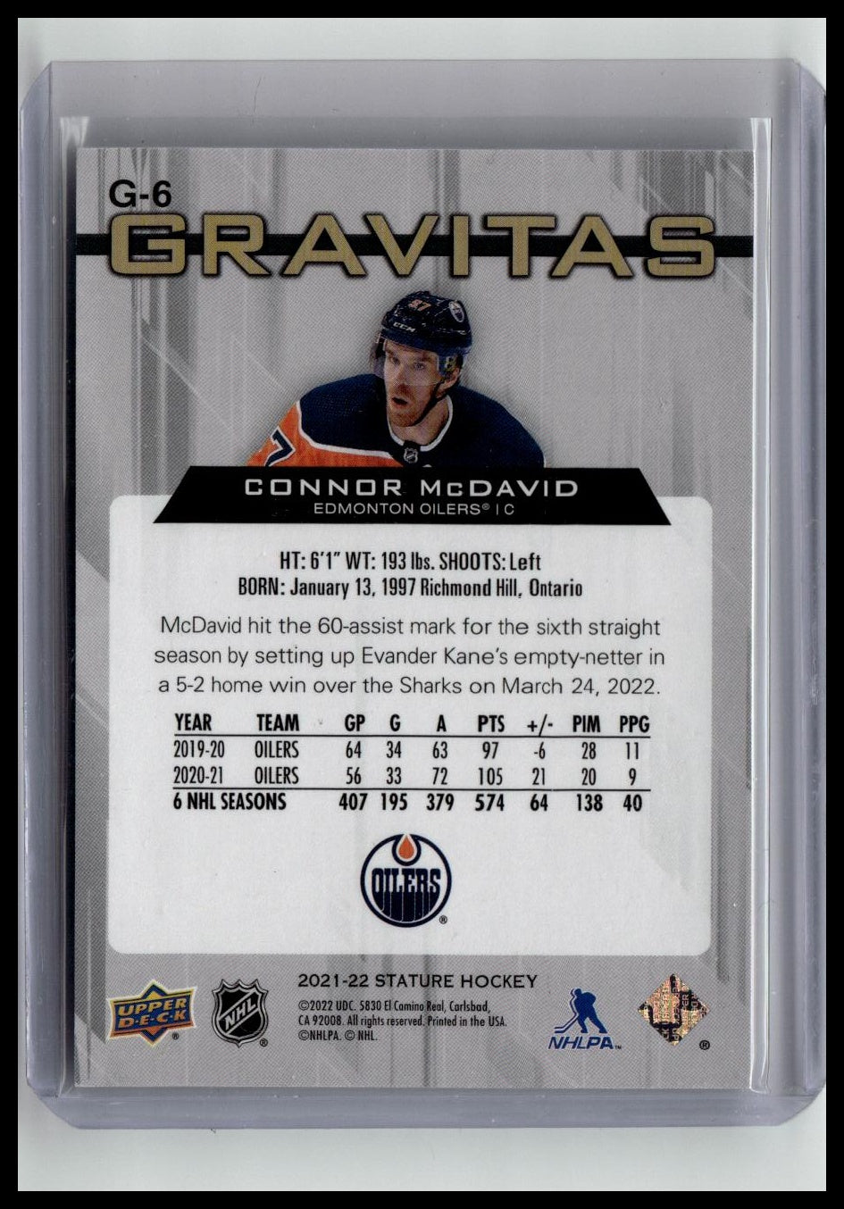 2021-22 Upper Deck Stature #G-6 Connor McDavid Gravitas Green #/125