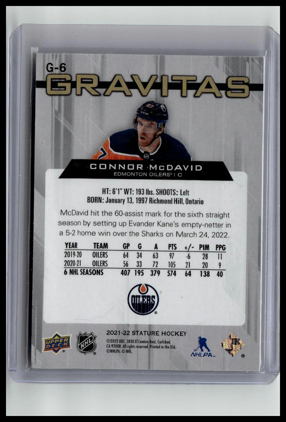 2021-22 Upper Deck Stature #G-6 Connor McDavid Gravitas Green #/125