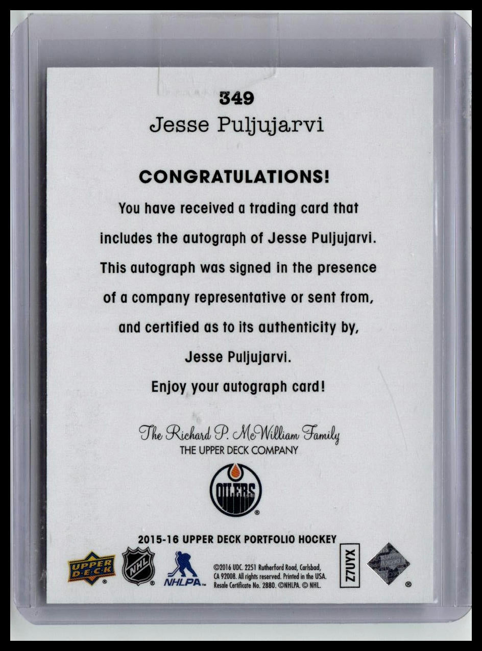 2015-16 Upper Deck Portfolio #349b Jesse Puljujarvi