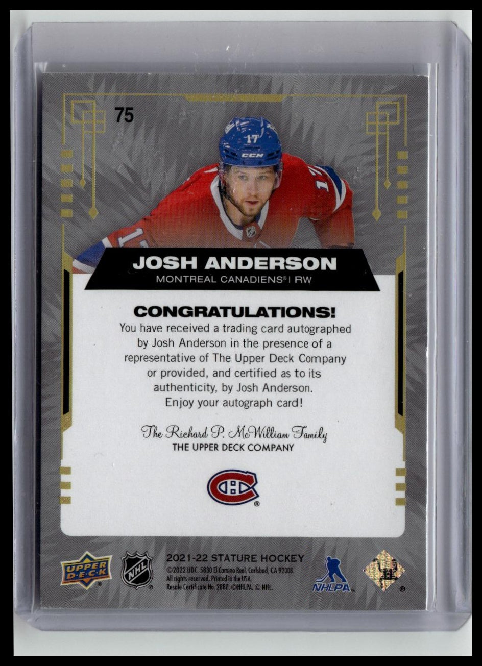 2021-22 Upper Deck Stature #75 Josh Anderson Autographs Blue #/10