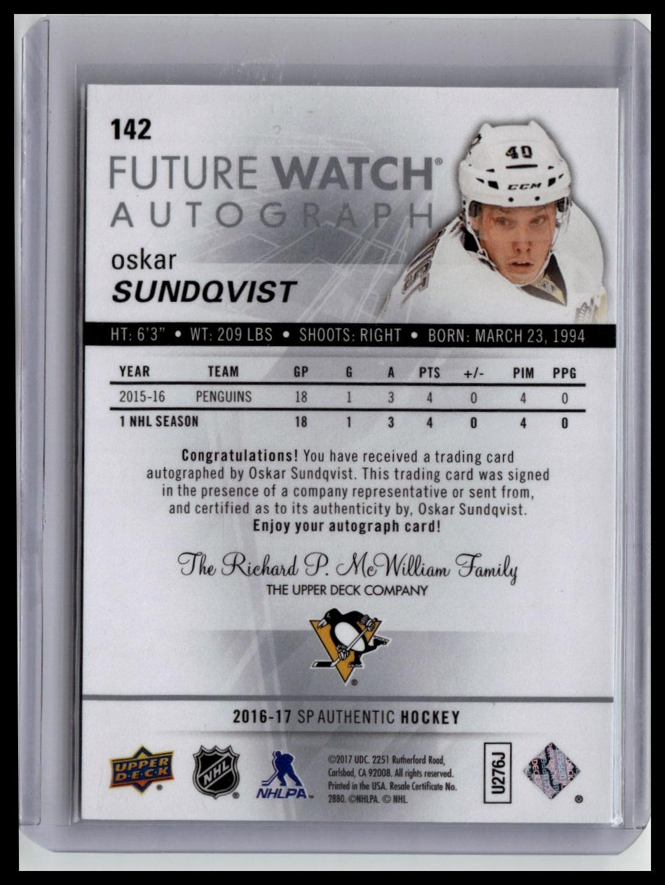 2016-17 SP Authentic #142 Oskar Sundqvist #/999