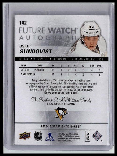 2016-17 SP Authentic #142 Oskar Sundqvist #/999