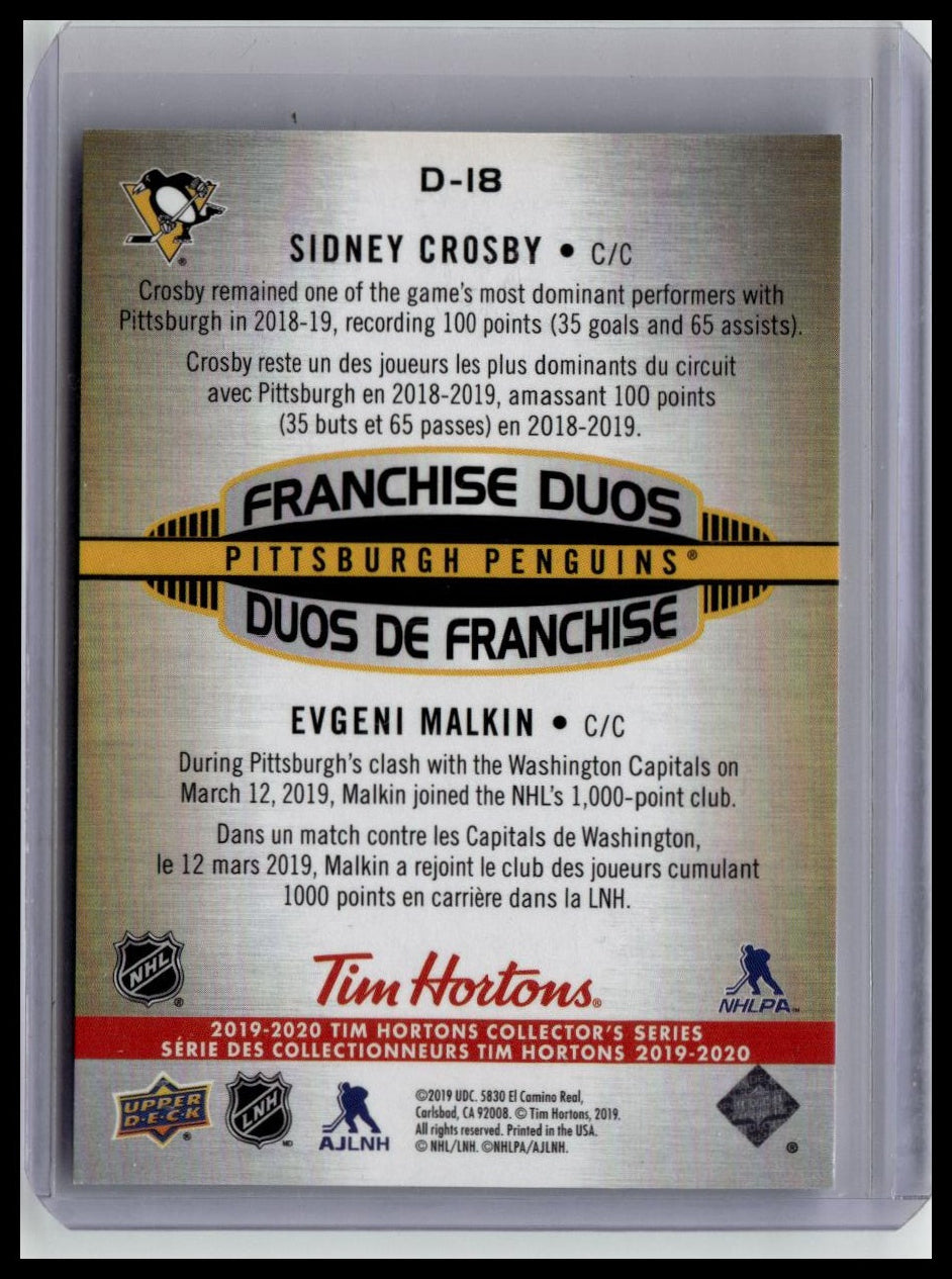 2019-20 Upper Deck Tim Hortons #D-18 Crosby / Malkin Franchise Duos 3D