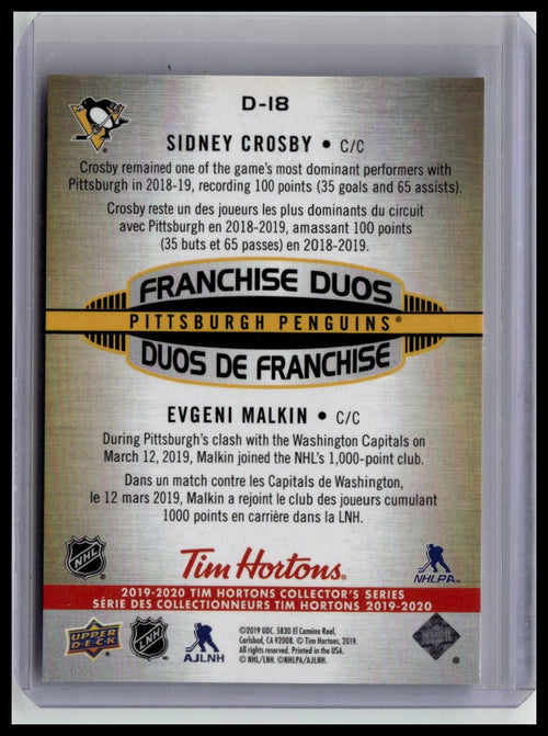 2019-20 Upper Deck Tim Hortons #D-18 Crosby / Malkin Franchise Duos 3D