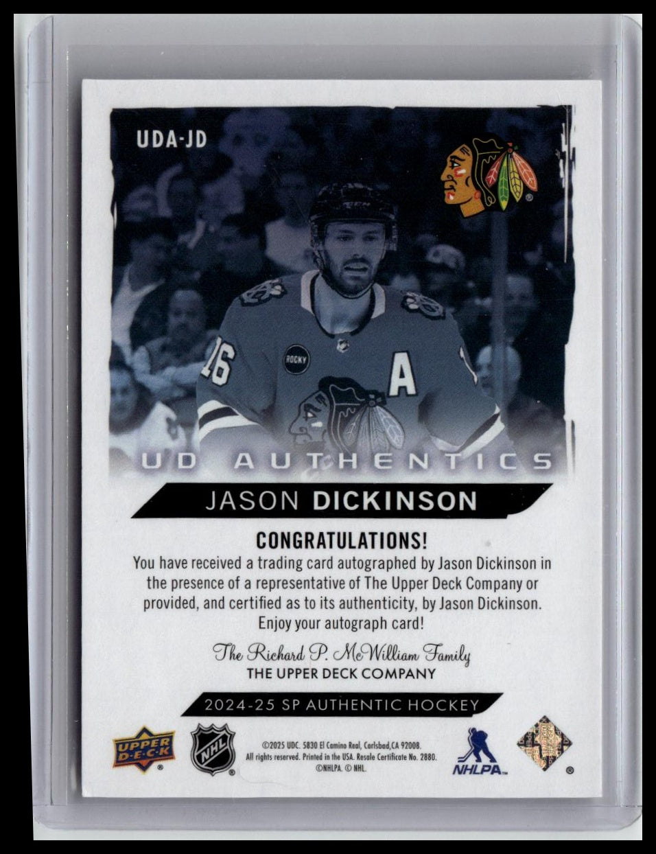 2024-25 SP Authentic #UDA-JD Jason Dickinson UD Authentics Auto