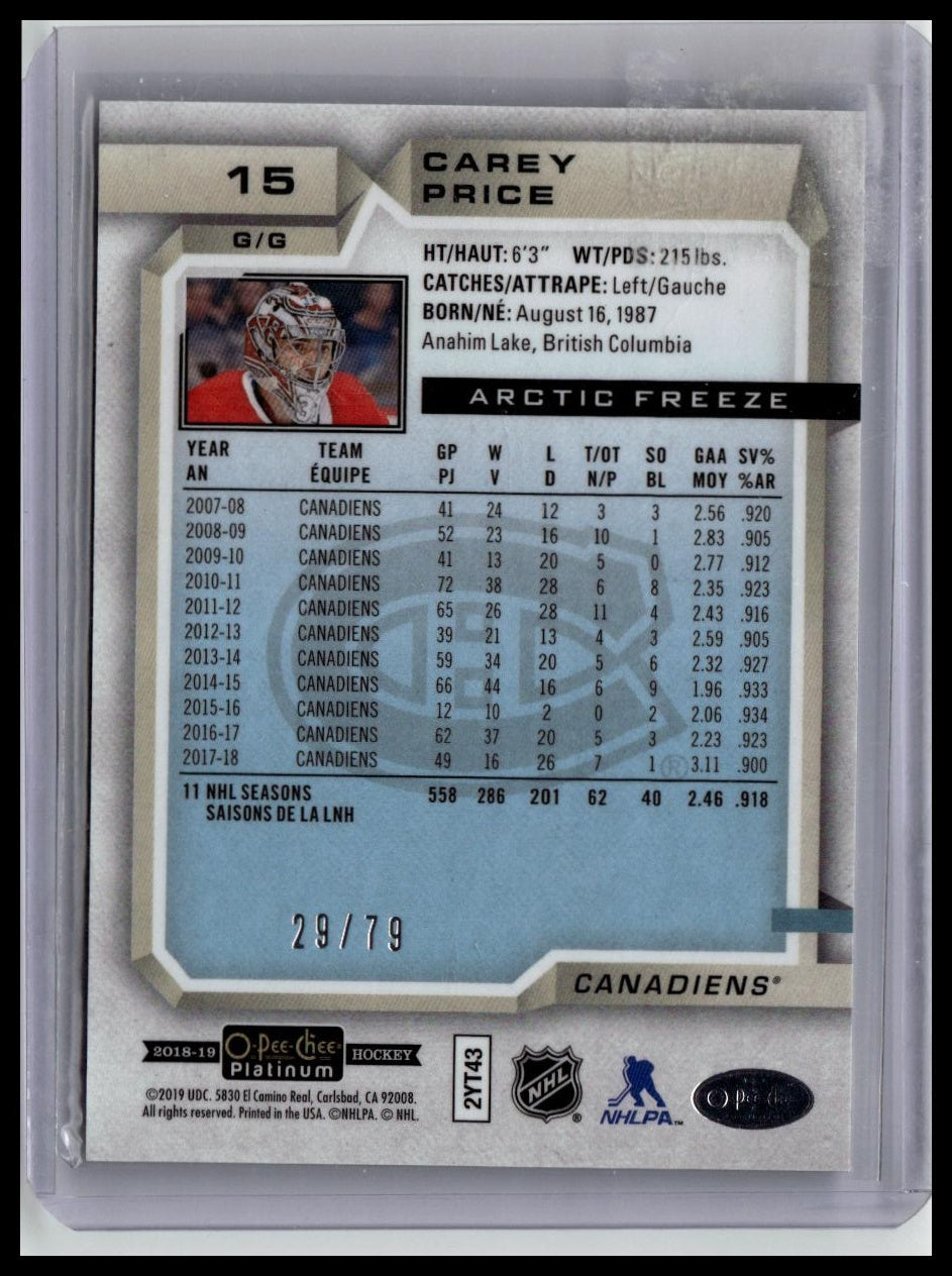 2018-19 O-Pee-Chee Platinum #15 Carey Price Arctic Freeze-Prism #/79
