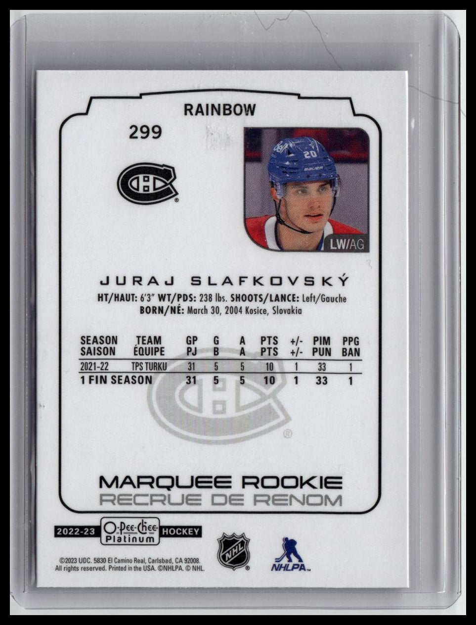 2022-23 O-Pee-Chee Platinum #299 Juraj Slafkovsky Rainbow