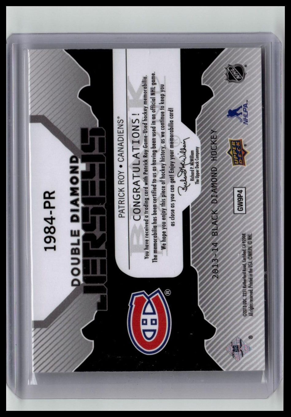 2013-14 Black Diamond Patrick Roy Dual jersey card