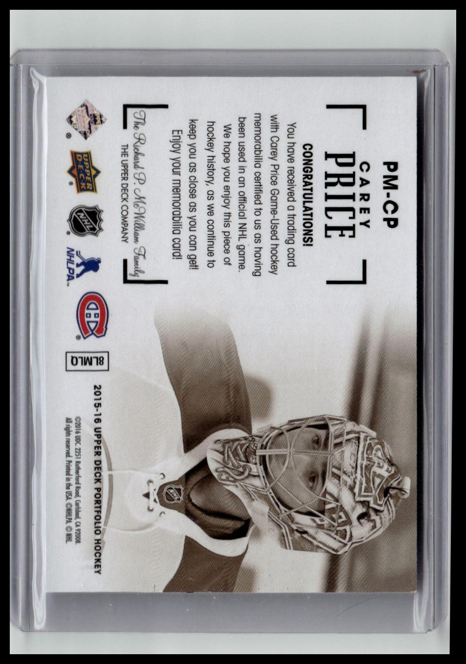 2015-16 UD Portfolio Carey Price jersey card