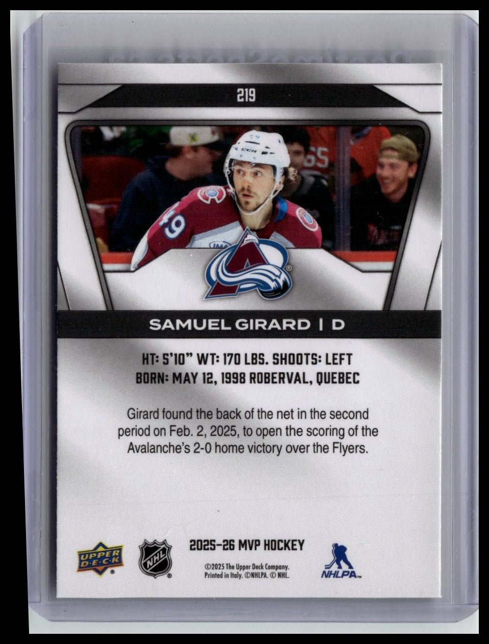2025-26 Upper Deck MVP #219 Samuel Girard
