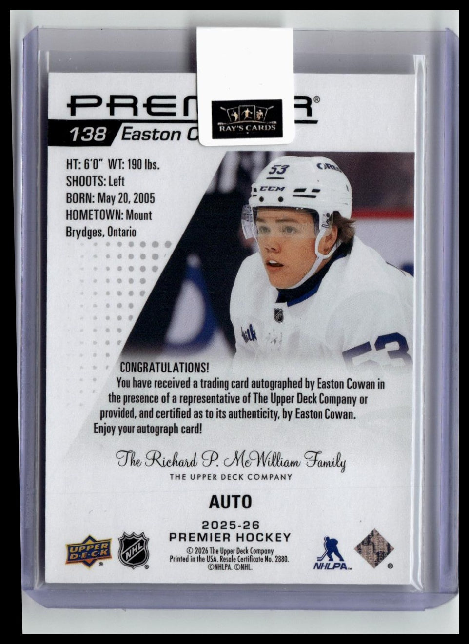 2025-26 Upper Deck Premier #138 Easton Cowan Auto