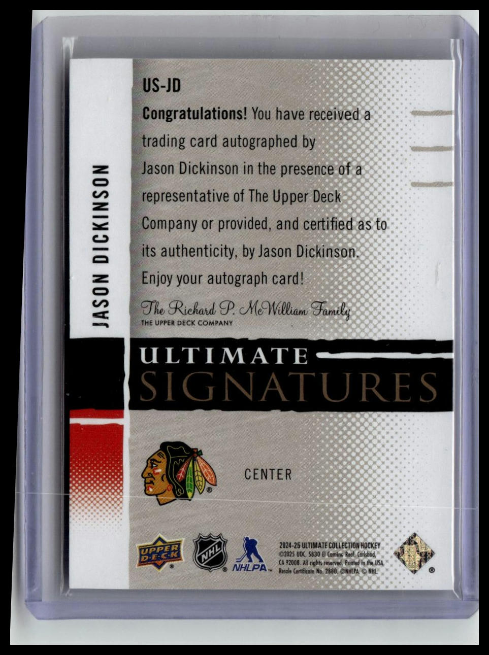 2024-25 Upper Deck Ultimate #US-JD Jason Dickinson Ultimate Signatures