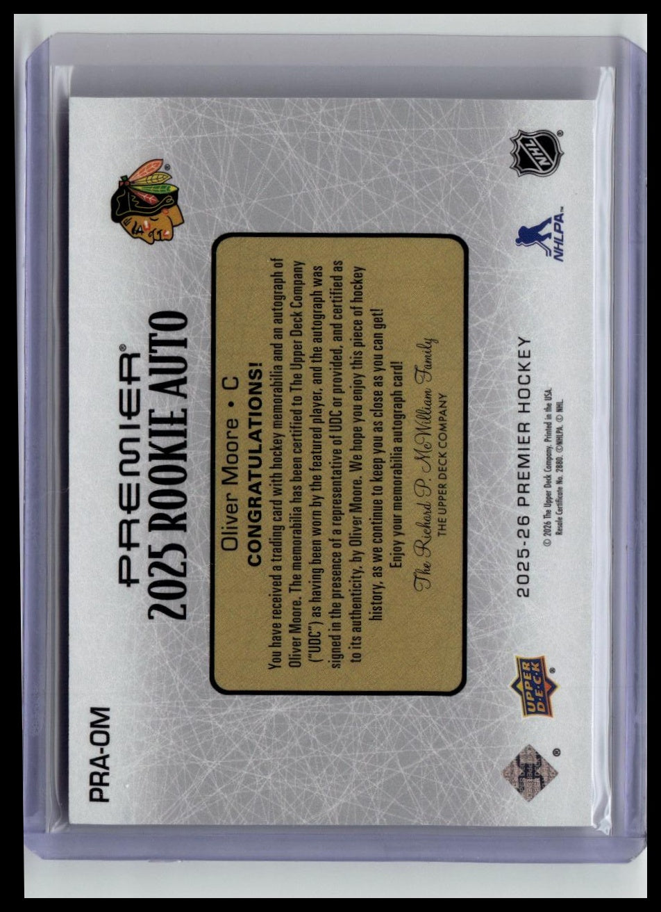 2025-26 Upper Deck Premier #PRA-OM Oliver Moore Premier Rookie Auto Jersey #/99