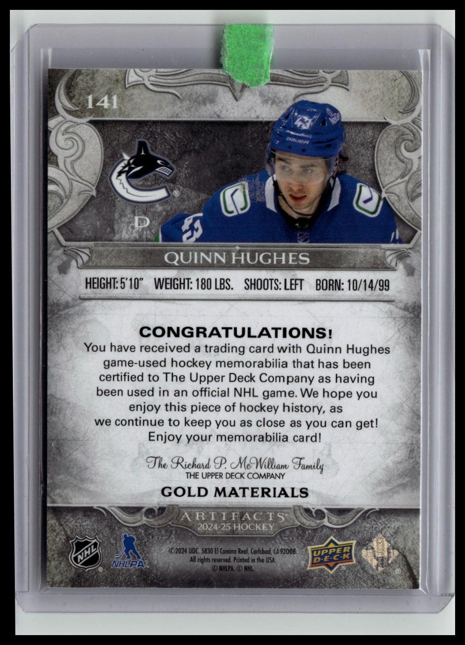 2024-25 Upper Deck Artifacts #141 Quinn Hughes Material Gold #/199