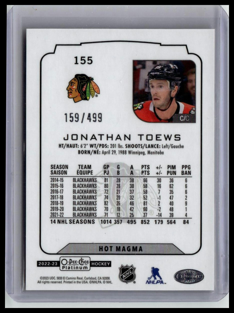 2022-23 O-Pee-Chee Platinum #155 Jonathan Toews Hot-Magma #/499