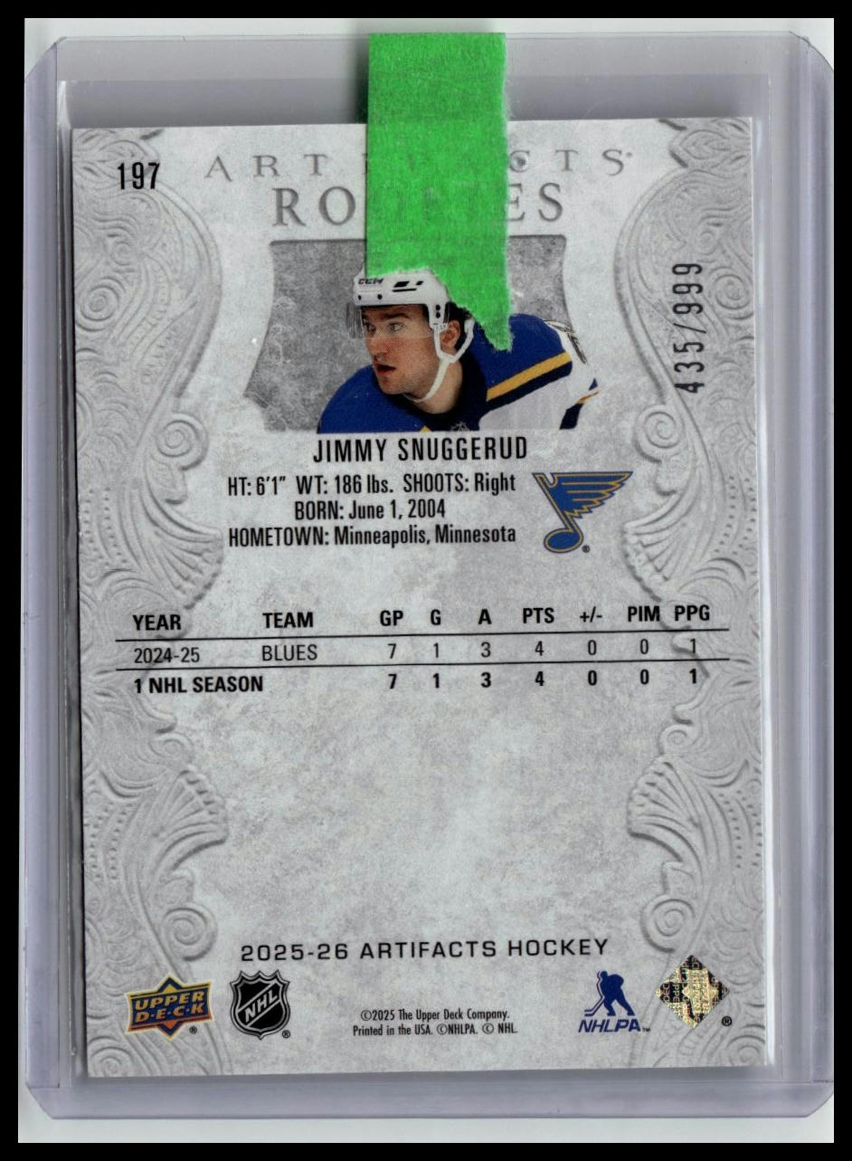 2025-26 Upper Deck Artifacts #197 Jimmy Snuggerud Emerald's Glow #/10