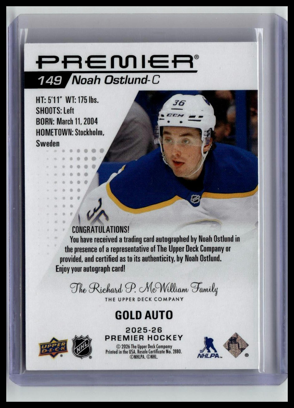 2025-26 Upper Deck Premier #149 Noah Ostlund Auto Gold #/35