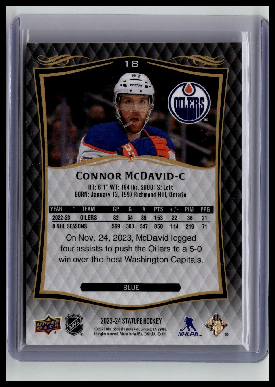 2024-25 Upper Deck Stature #18 Connor McDavid 2023-24 Blue #/99