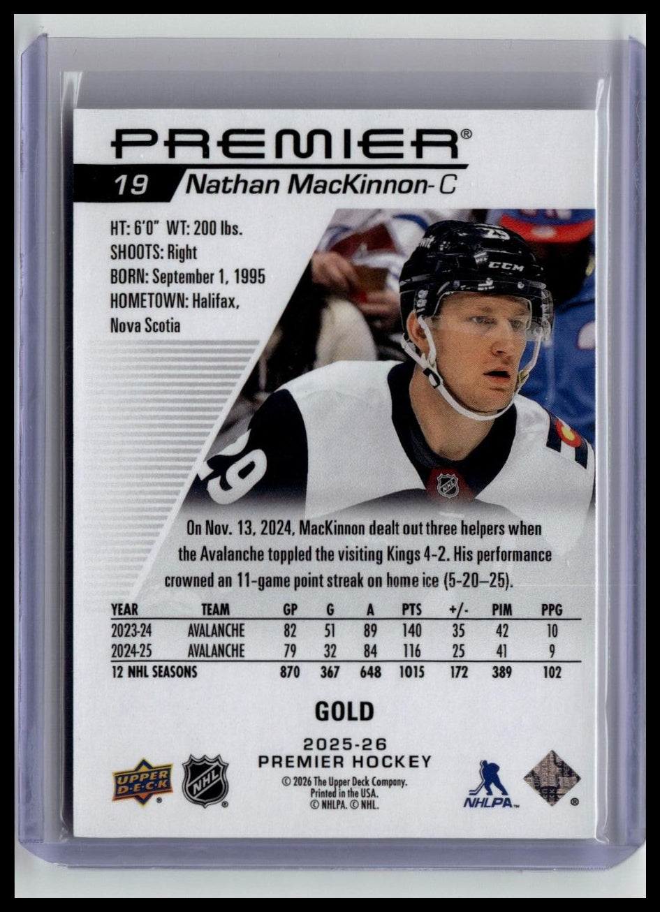 2025-26 Upper Deck Premier #19 Nathan MacKinnon Gold #/65