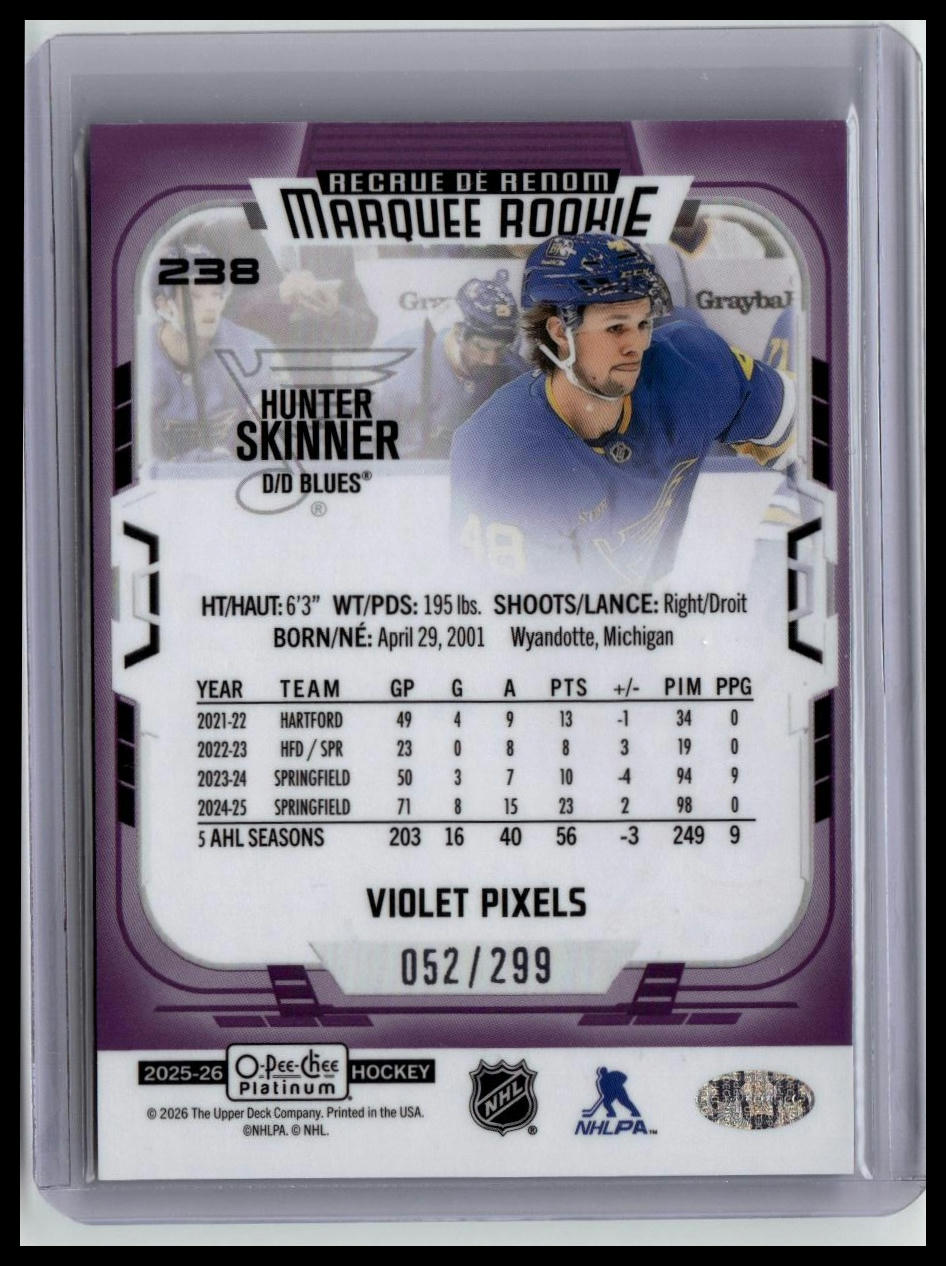 2025-26 O-Pee-Chee Platinum #238 Hunter Skinner Violet Pixels #/299