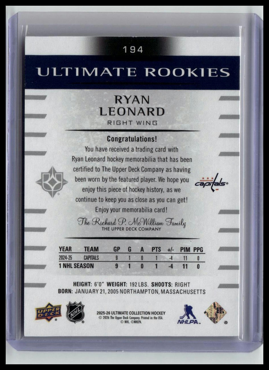 2025-26 UD Ultimate Collection #194 Ryan Leonard Ultimate Rookies Jersey #/499