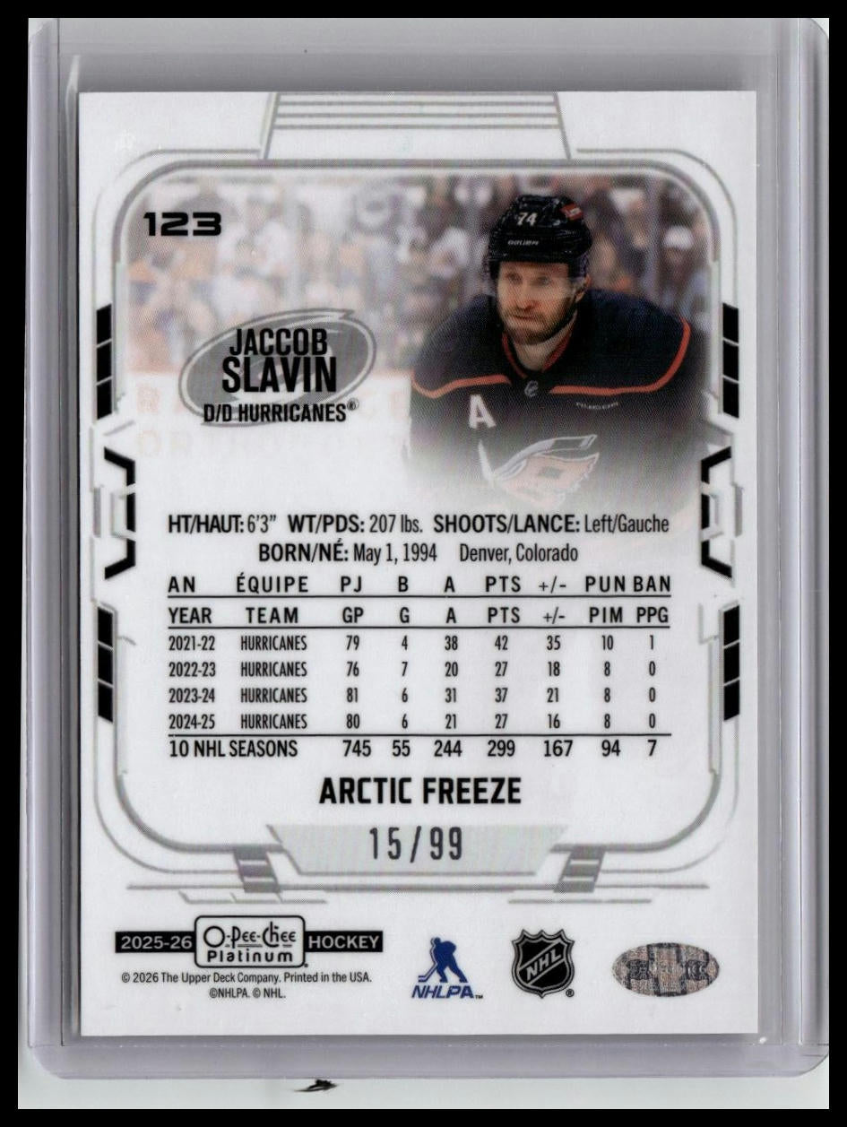 2025-26 O-Pee-Chee Platinum #123 Jaccob Slavin Arctic Freeze #/99