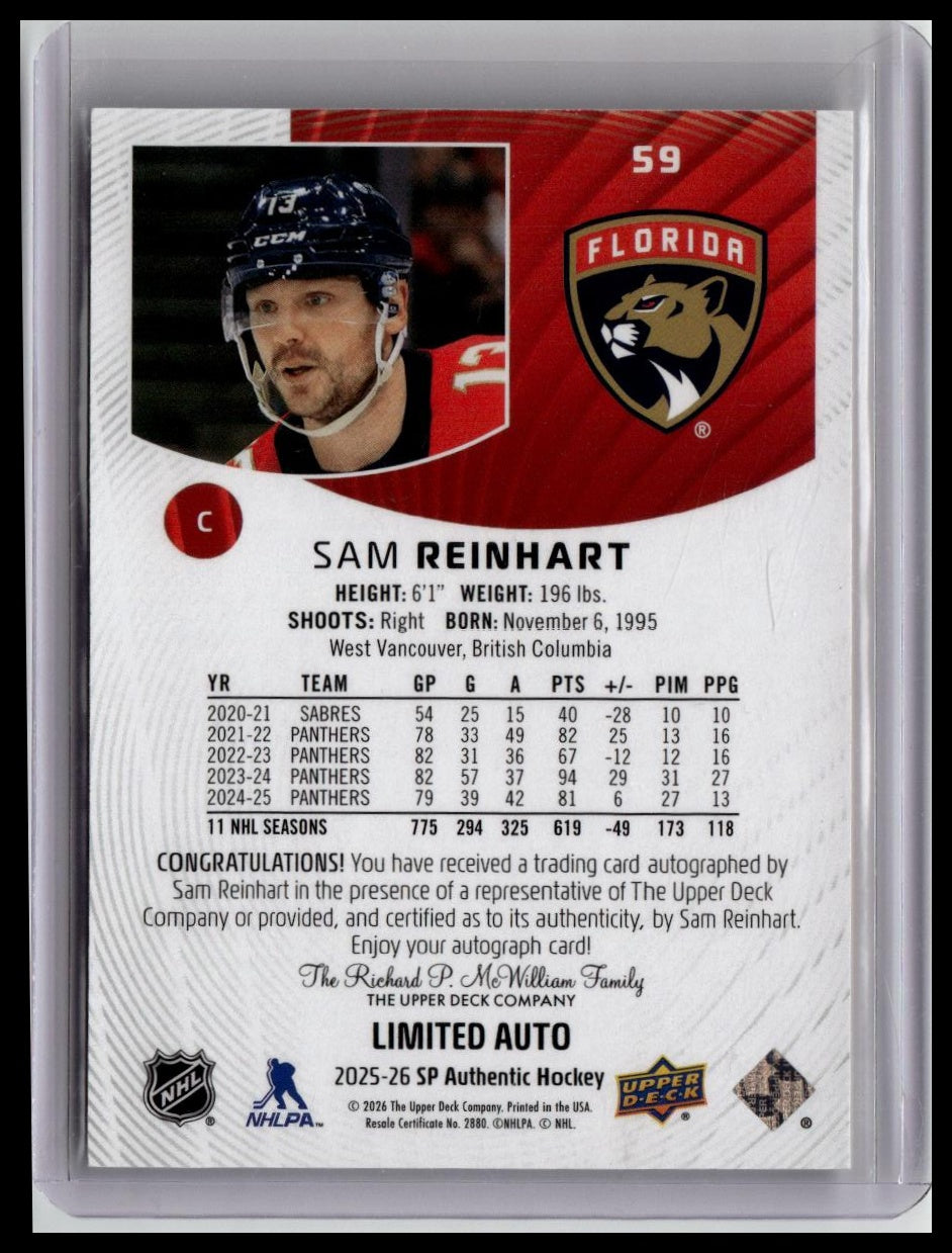 2025-26 SP Authentic #59 Sam Reinhart Limited Autographs