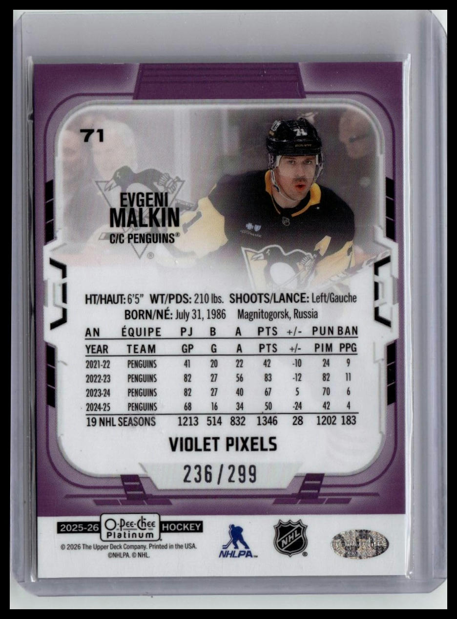 2025-26 O-Pee-Chee Platinum #71 Evgeni Malkin Violet Pixels #/299