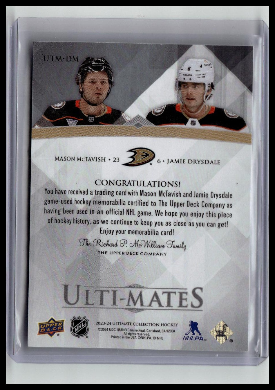 2023-24 Upper Deck Ultimate #UTM-DM McTavish/Drysdale Ulti-Mates Dual Jersey
