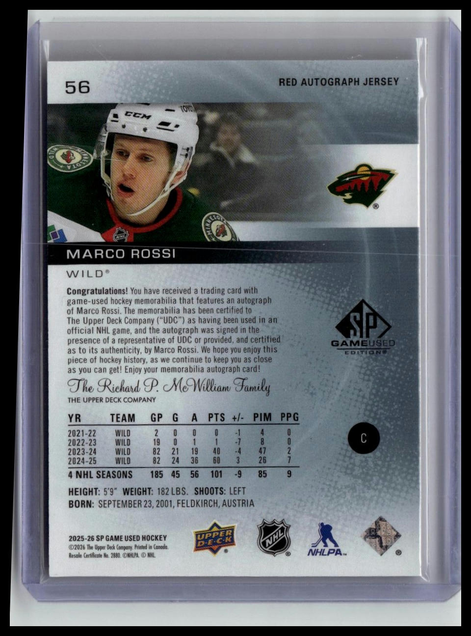 2025-26 SP Game Used #56 Marco Rossi Red Autograph Jersey #/149