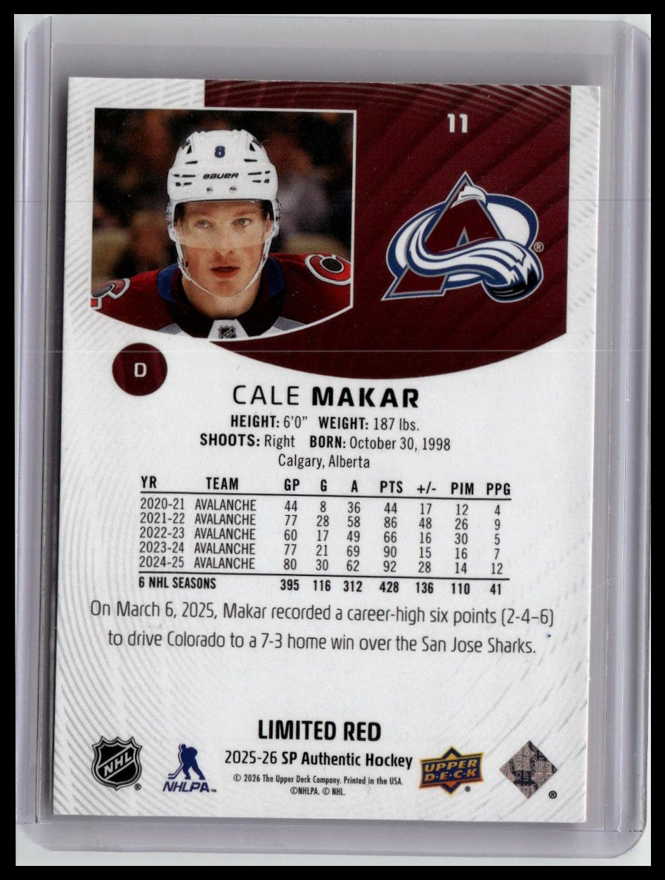 2025-26 SP Authentic #11 Cale Makar Limited Red