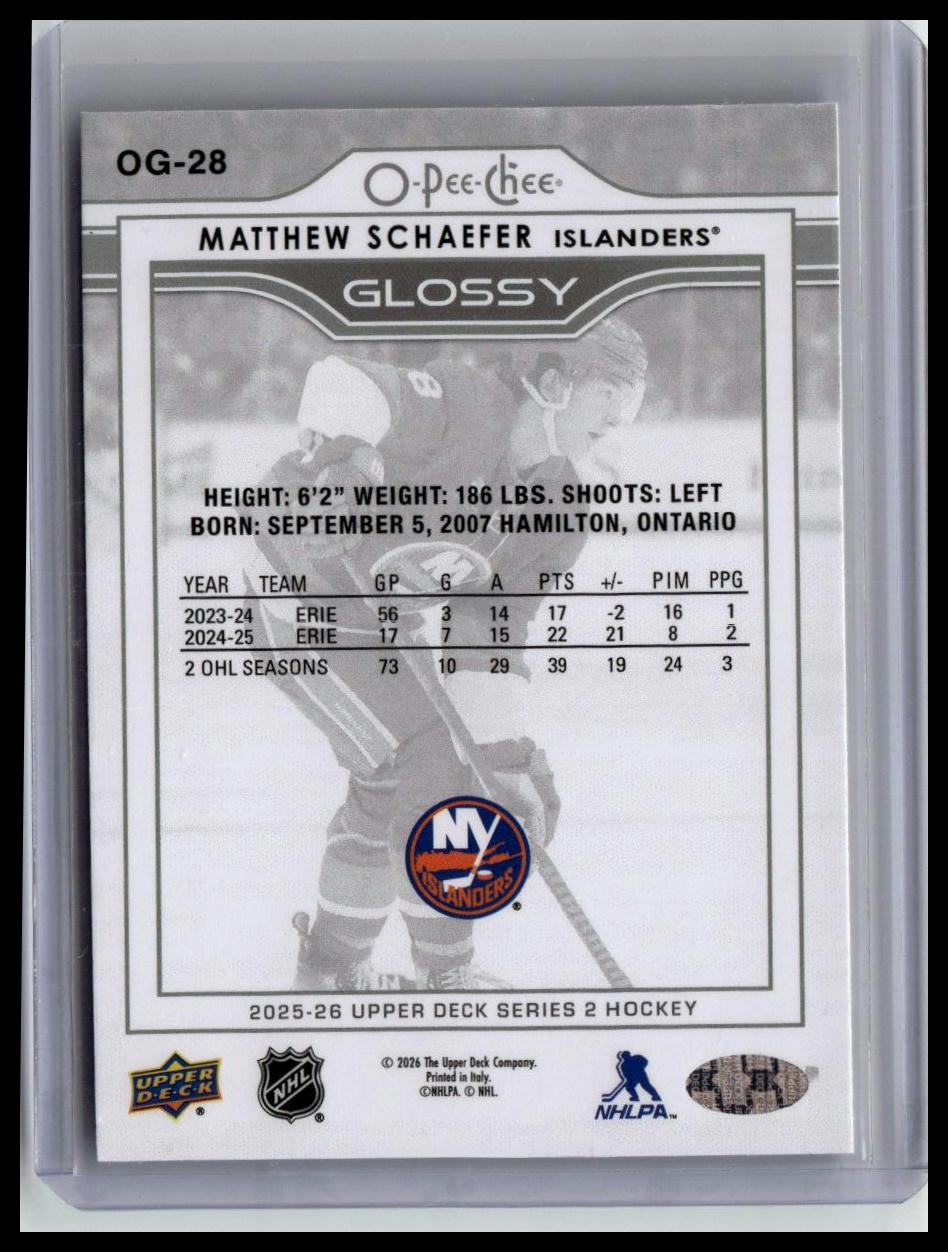 2025-26 Upper Deck #OG-28 Matthew Schaefer O-Pee-Chee Glossy