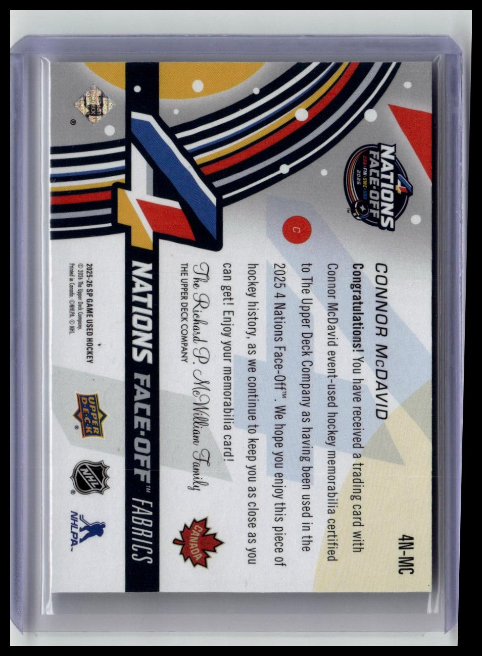2025-26 SP Game Used #4N-MC Connor McDavid 4 Nations Face-Off Fabrics