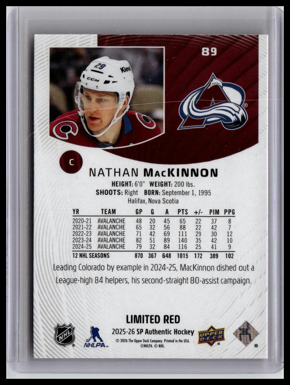 2025-26 SP Authentic #89 Nathan MacKinnon Limited Red