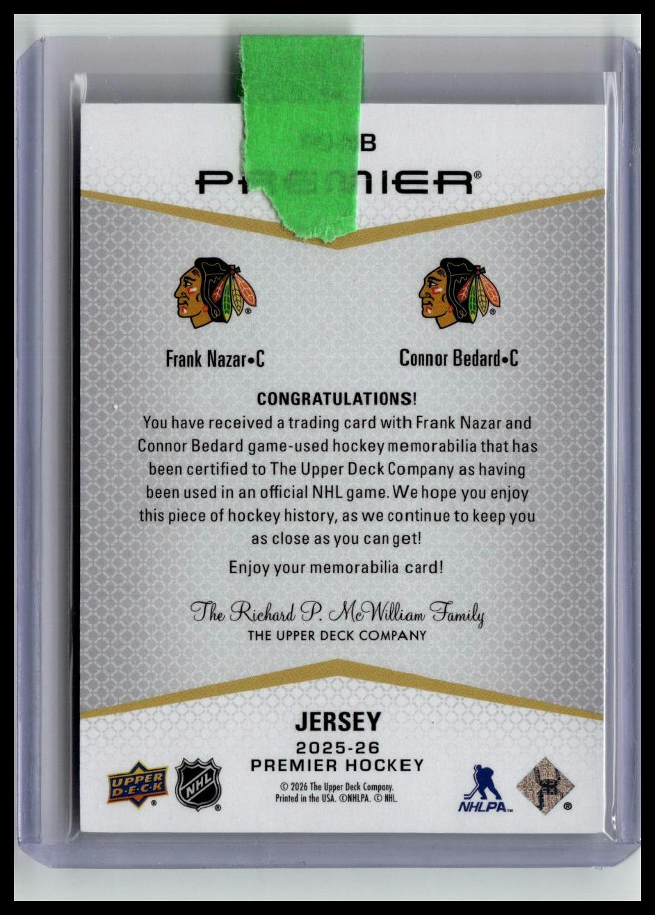2025-26 Upper Deck Premier #PD-NB Bedard / Nazar Premier Dual Jerseys #/99