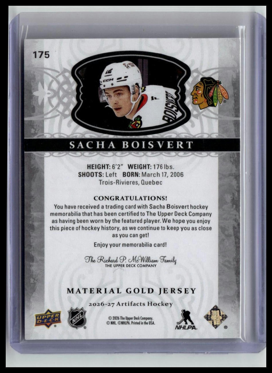 2026-27 Upper Deck Artifacts #175 Sacha Boisvert Materials Gold #/399