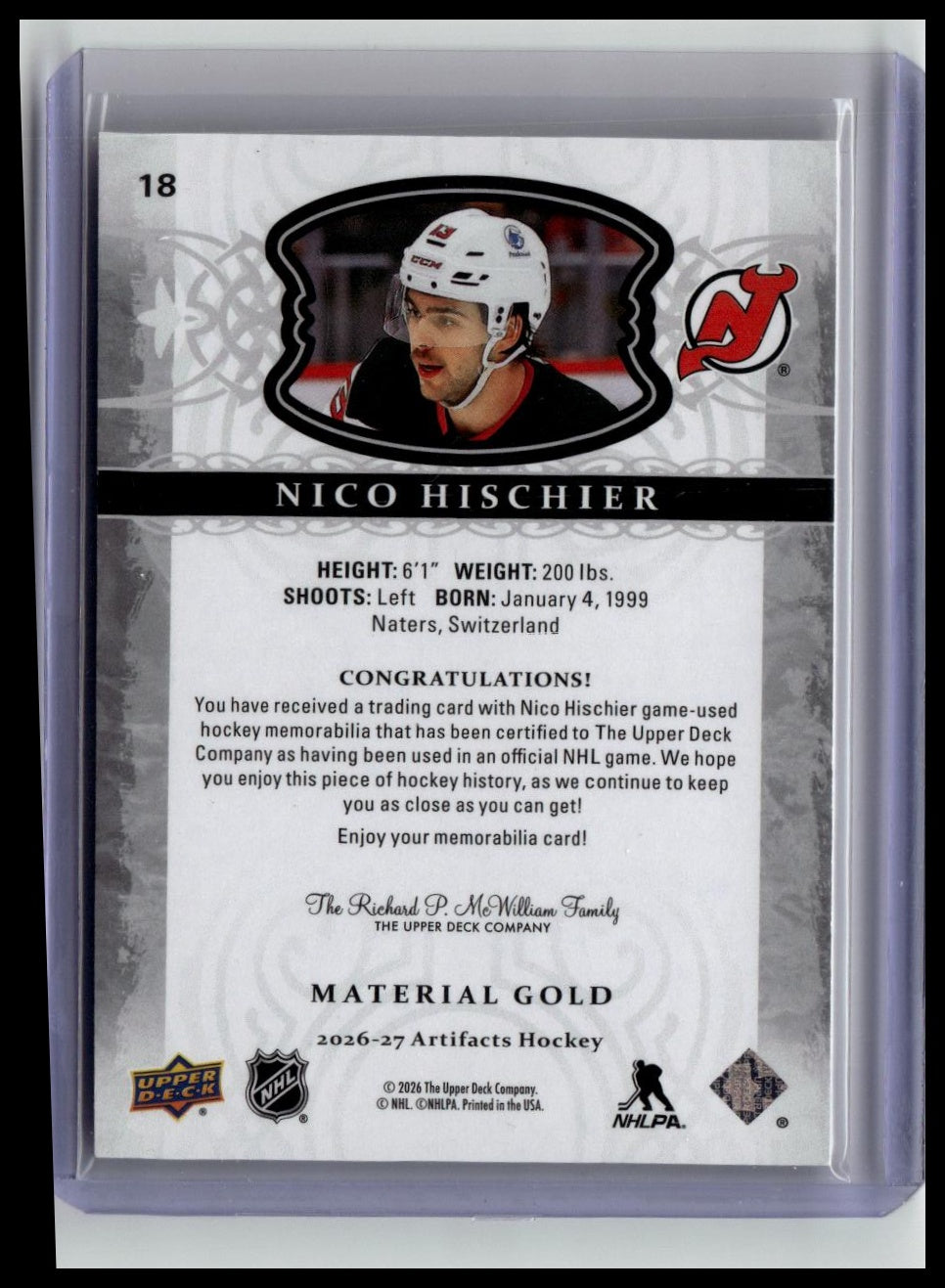 2026-27 Upper Deck Artifacts #18 Nico Hischier Materials Gold #/249