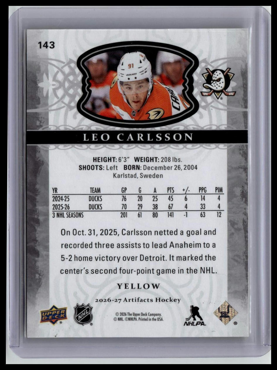 2026-27 Upper Deck Artifacts #143 Leo Carlsson Yellow #/50