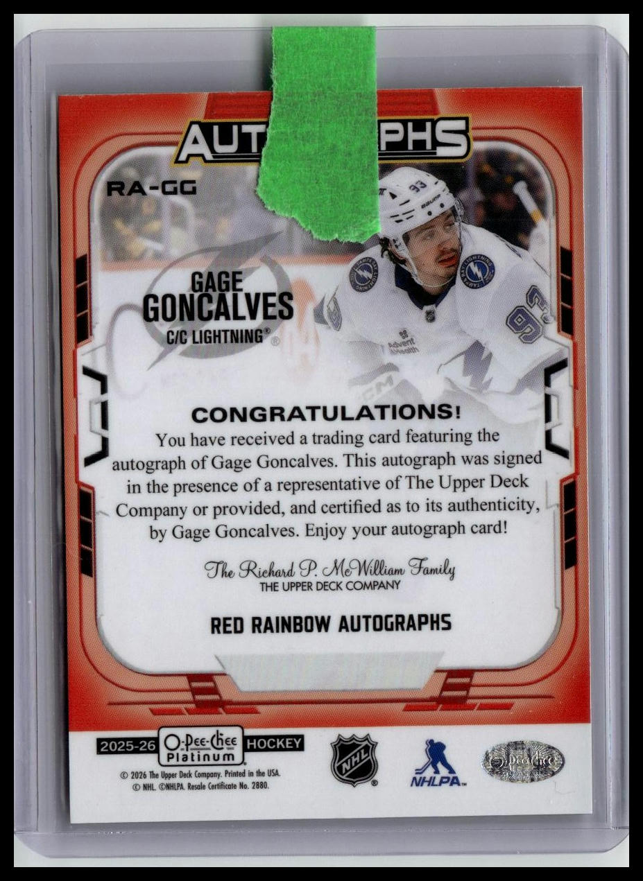 2025-26 O-Pee-Chee Platinum #RA-GG Gage Goncalves Red Rainbow Autos